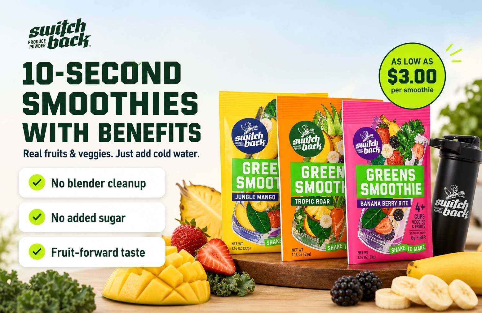 Switchback Variety Pack benefits with real fruit smoothies, no blender needed, and whole food vitamins and minerals