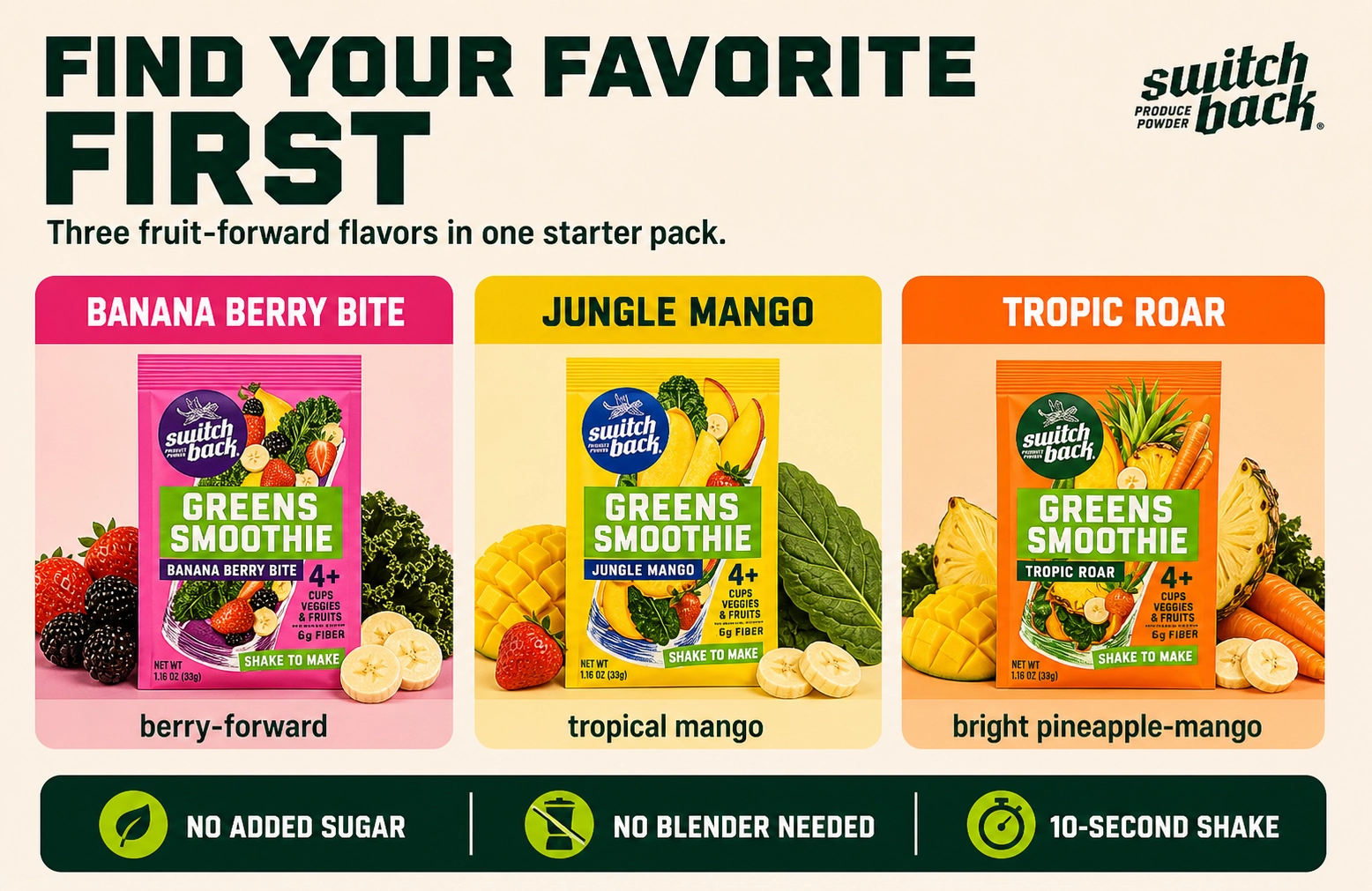 Switchback Variety Pack flavor discovery with Banana Berry Bite, Jungle Mango, Tropic Roar, and vitamins and minerals proof