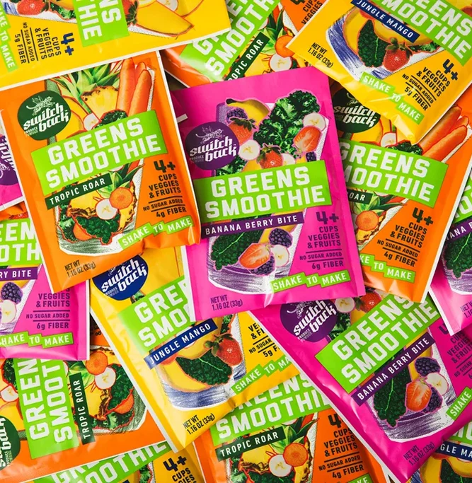 Switchback smoothie packets arranged from above