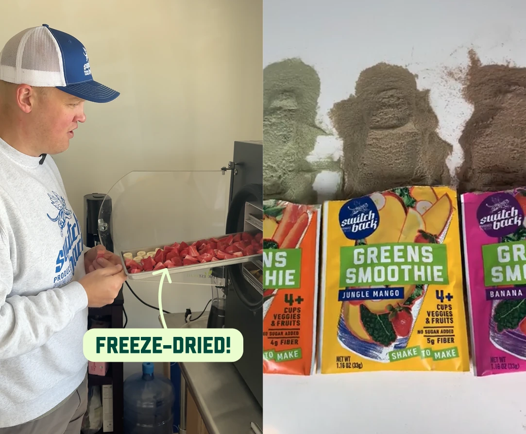 Switchback founder showing freeze-dried smoothie ingredients